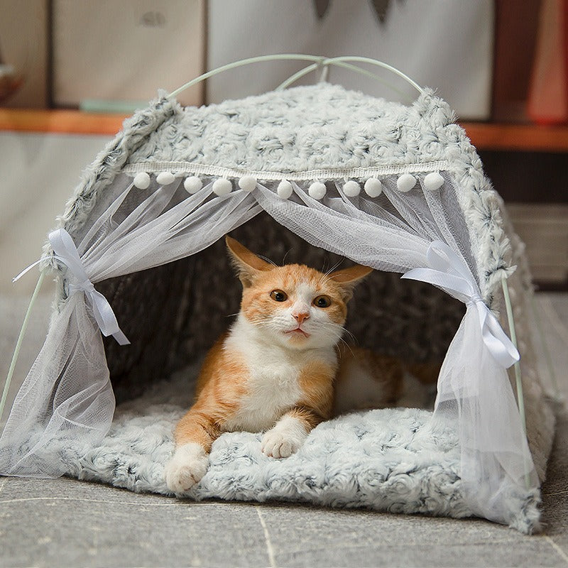 Semi-Enclosed Plush Cat Tent with Nesting Pad