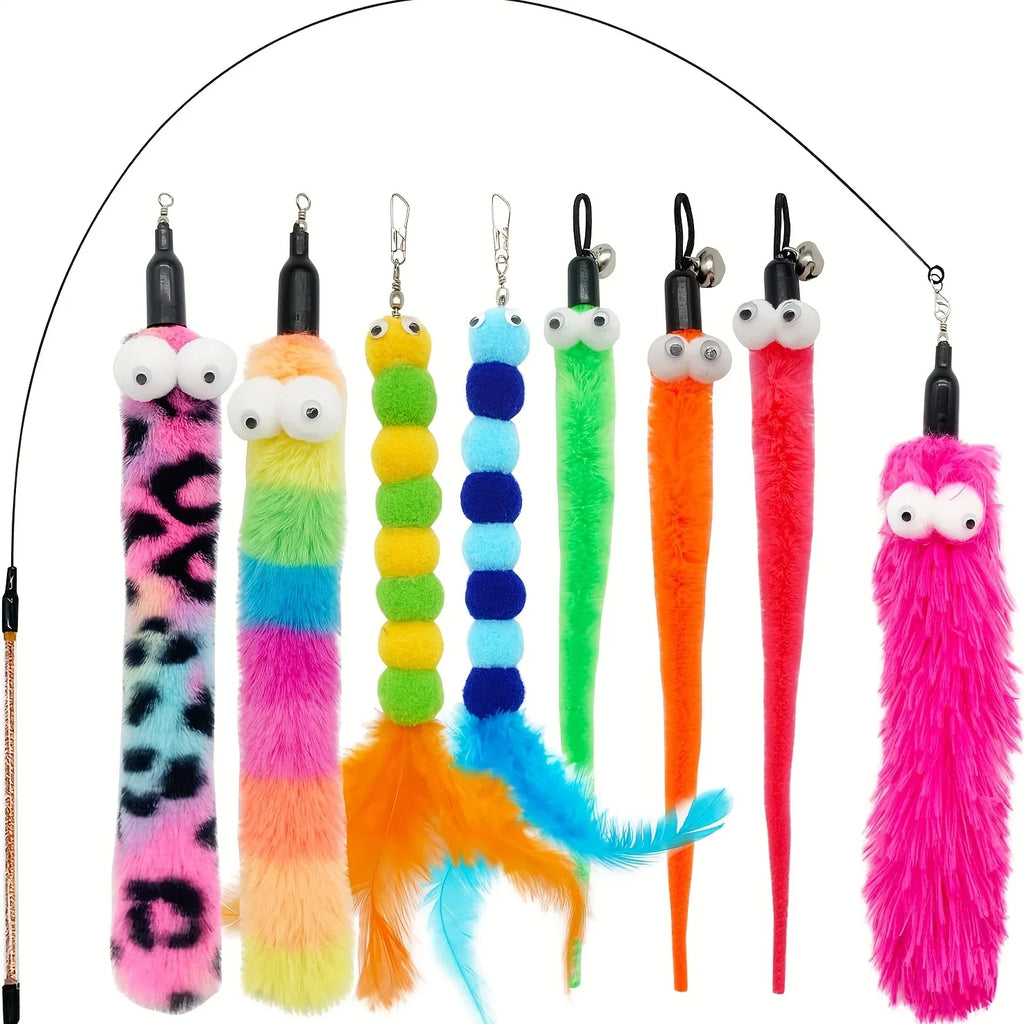 8 PCS Fluffy Worm Refills Cat Wand Toy Set